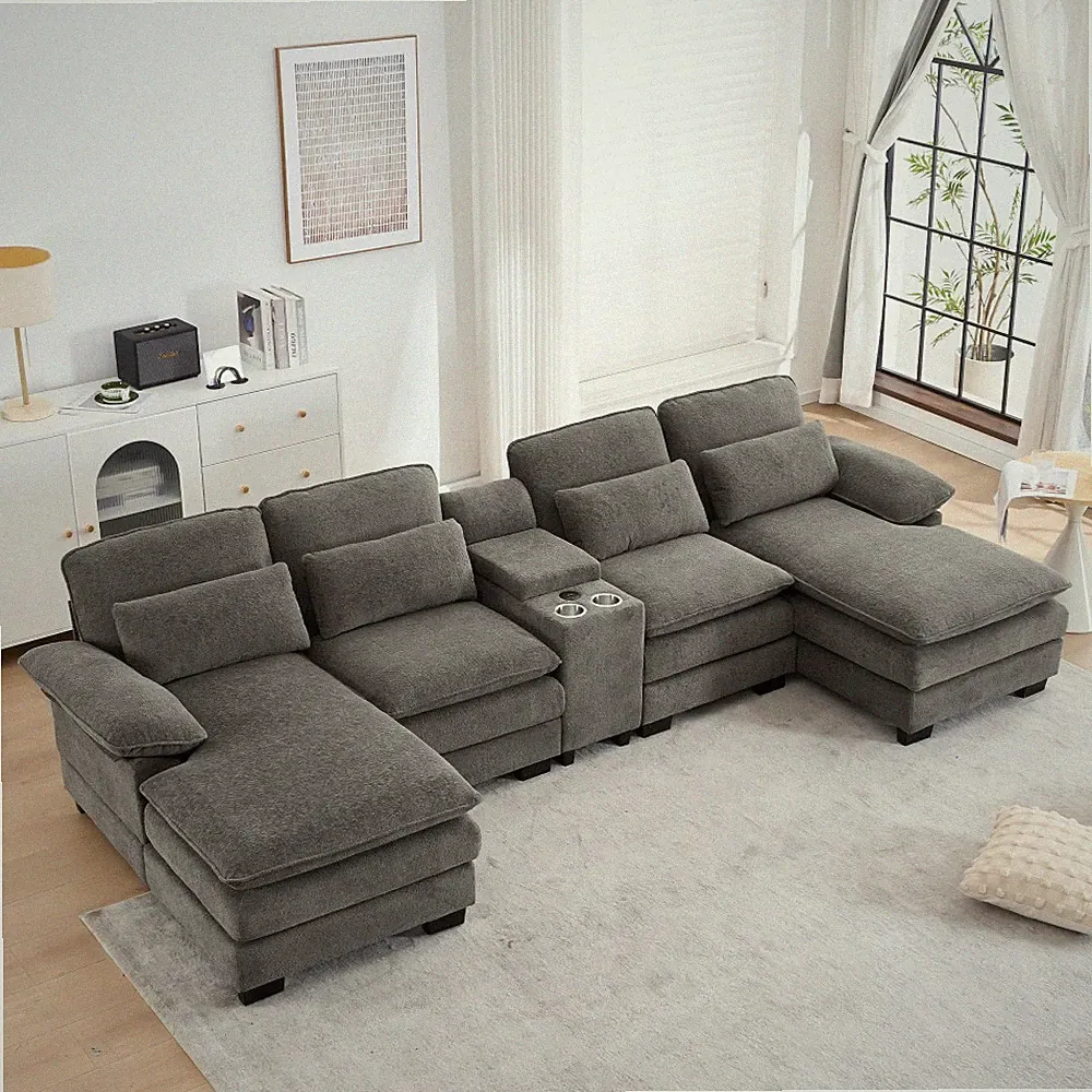 124" U-Shape Sectional Sofa Chenille Cloud Couch w/ Console Cup Holder Pillows