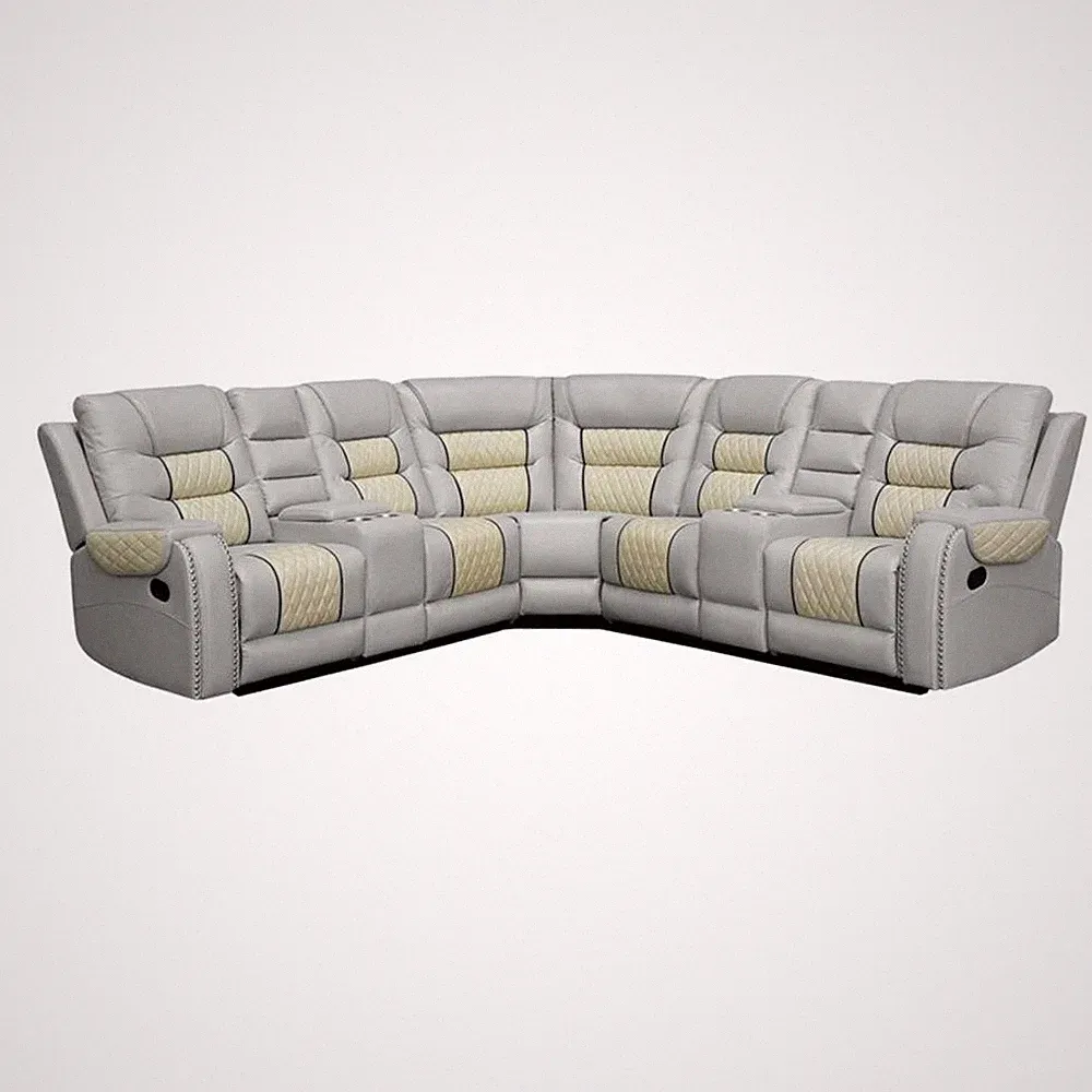 Manual Reclining Sectional Sofa Beige Faux Leather 5-Seat L-Shaped with Stora...