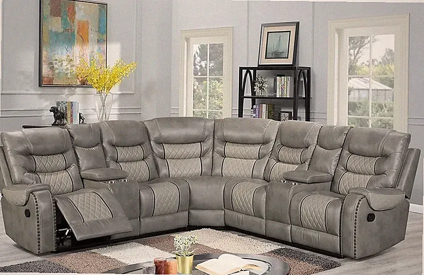 NEW 115" Sectional 2-Recliners Two-Tone Gray Leather Gel Modern Living Room Set