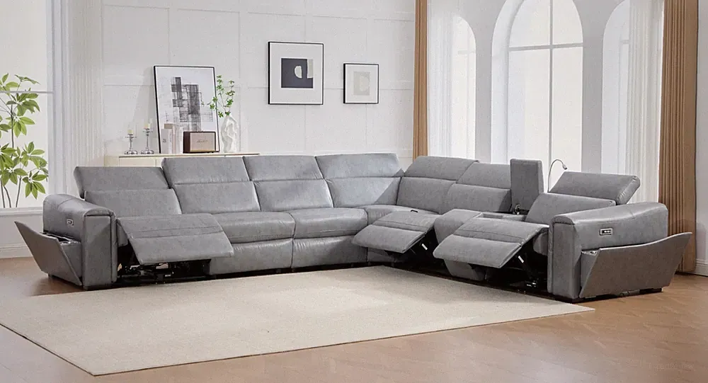 NEW Gray 142" Wide Modern Power 3-Recliner Sectional Adj Headrests w/ BT Speaker