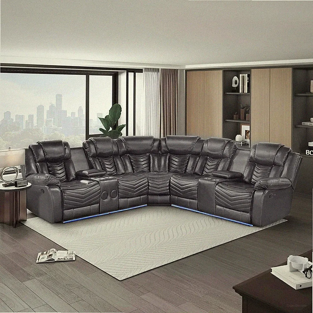 NEW LED Gray Leather 2-Seater Recliner Sectional Bluetooth Speaker & Cupholders