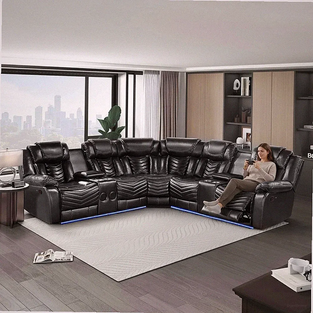 SALE LED Contemporary 2-Recliner Sectional Black Leather with Bluetooth Speaker